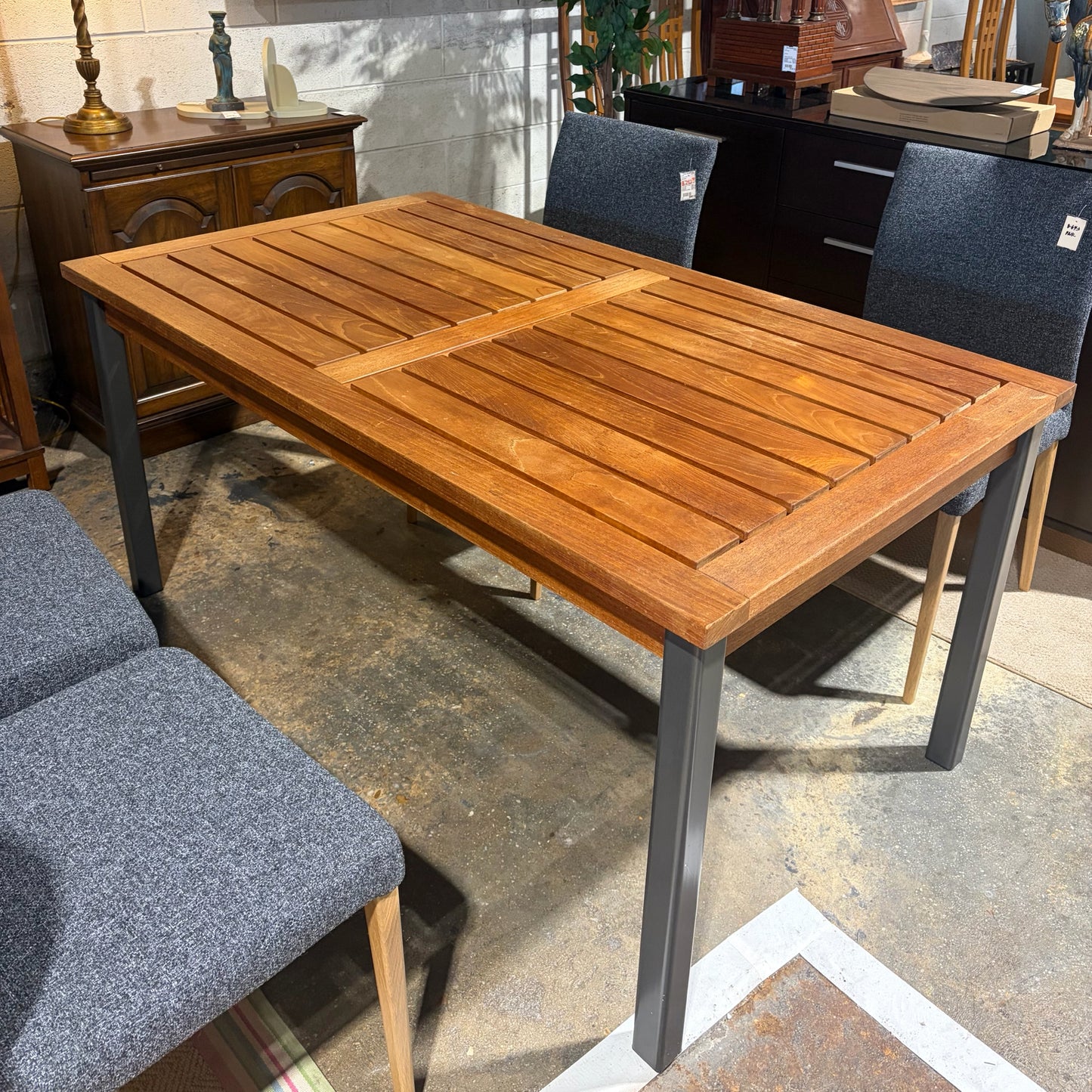 Indoor/outdoor Slat Teak Table w/Metal Base, 34.25"W x 59"L x 28.5"H