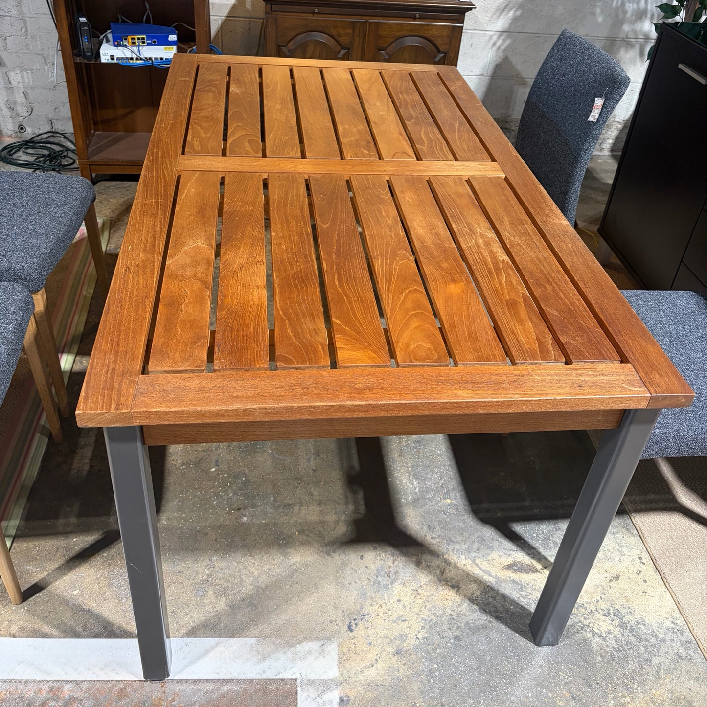Indoor/outdoor Slat Teak Table w/Metal Base, 34.25"W x 59"L x 28.5"H