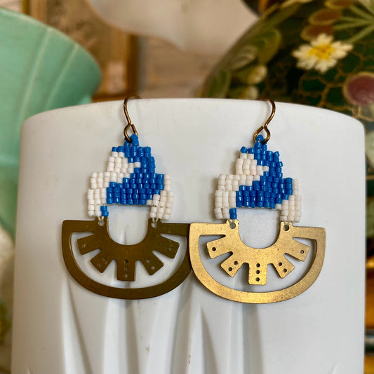 Bead & Brass Earrings, Blue & White Tribal, Carrie Price Wearable Art