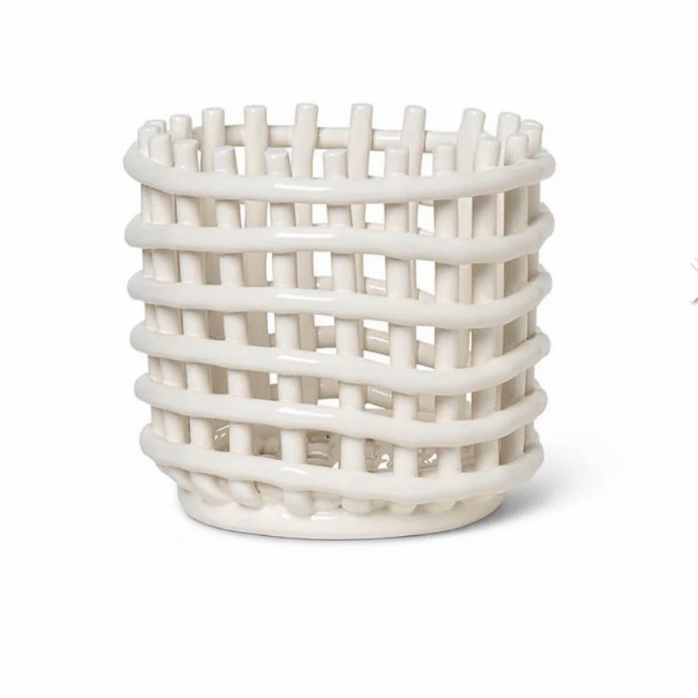 Ferm Living Ceramic Basket, Off-White,  6.3" Dia x 5.7" H