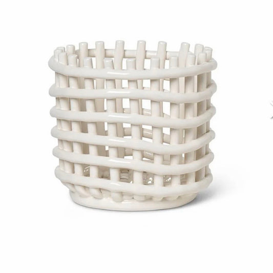 Ferm Living Ceramic Basket, Off-White,  6.3" Dia x 5.7" H