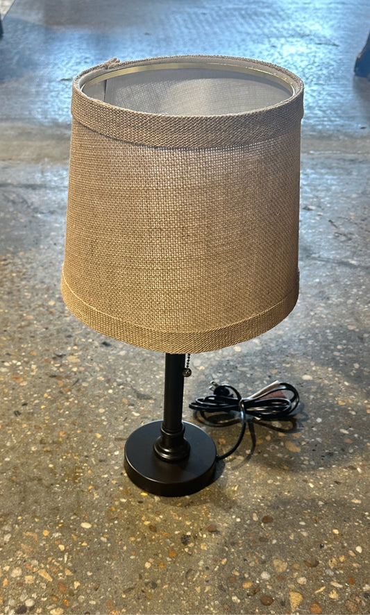 Black pillar table lamp, burlap shade, 19"H