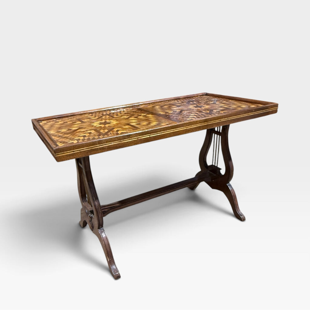 VTG Folk Art Parquetry Coffee Table w/Lyre Base