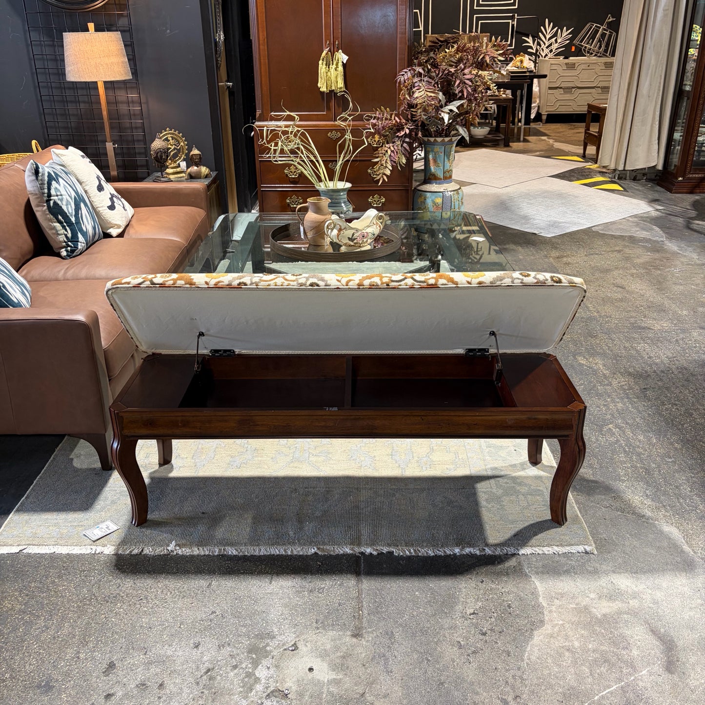 Upholstered Wooden Storage Bench w/Matching Cushions, 54"W x 16"D x 19"H