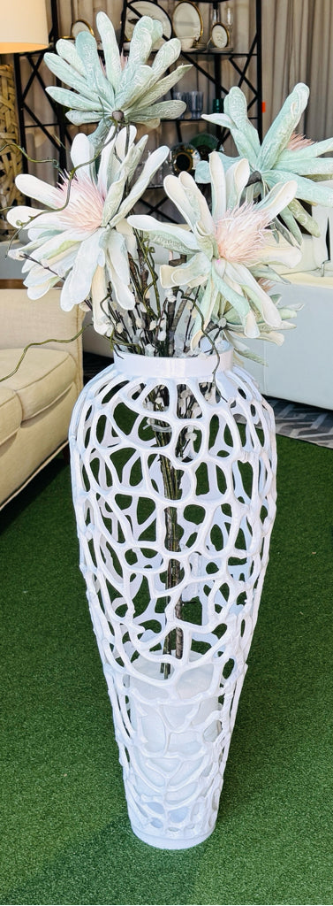 White lacquer coral metal vase w/faux florals, 33"H