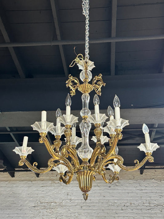 Baroque 12 light chandelier w/bobeche, brass, no crystals