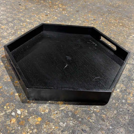 Black Haxagon Wood Tray, 17"W x 14.5"D x 1.75"H