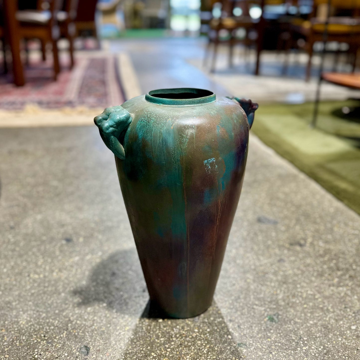 Large Teal & Plum Ceramic Raku Vase, 11" L x 9" W x 16.5" H