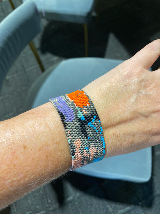 Peyote stitch bracelet, "Wayfair", multi, 1.2"W x 7"L