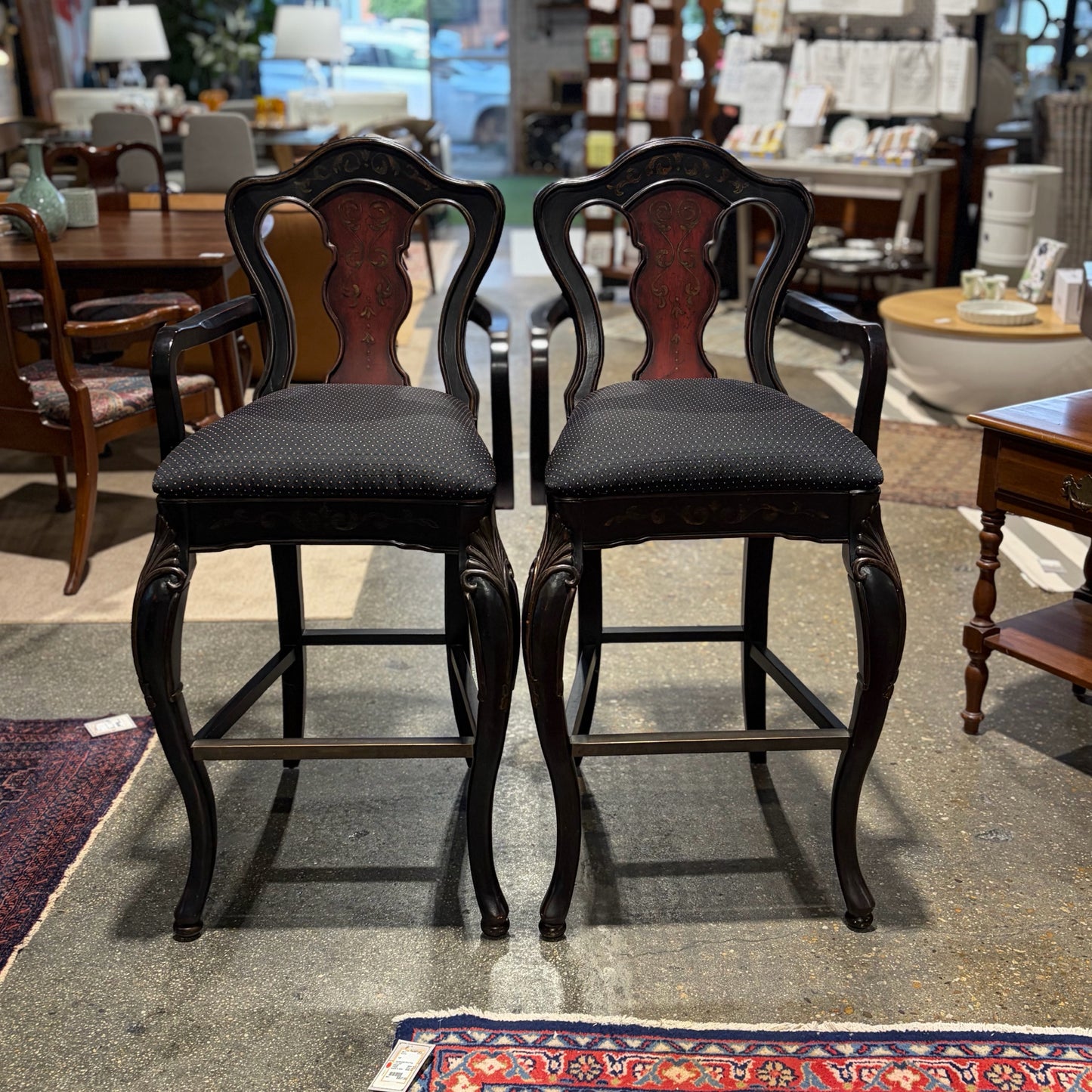 Pair of Black and Red French Style Bar Stools, 45"H x 23"W x 20"D