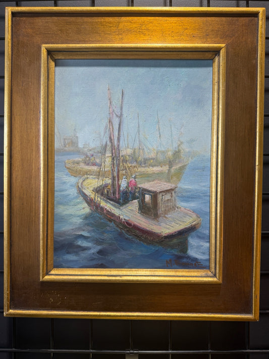 VTG oil/acrylic, Boats in the harbor, signed, 19"W x 23"H