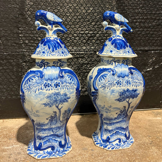 Pair of 18th Century Dutch Delft Lidded Vases, Repaired, 5"W x 3.5"D x 11.75"H