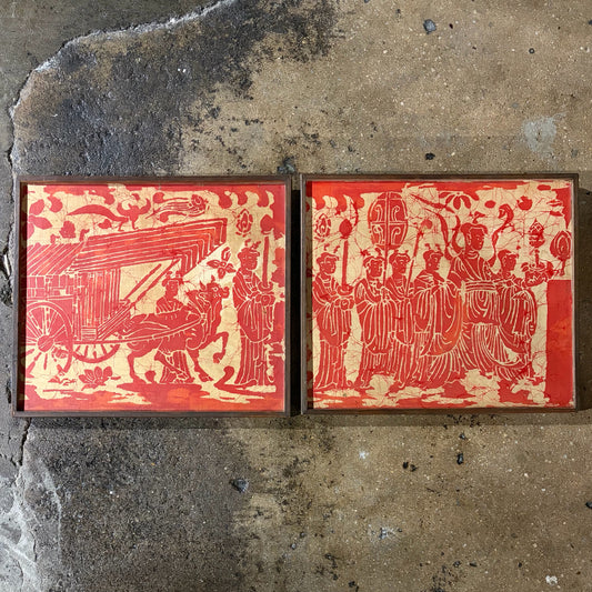 Pair of VTG Chinese Batiks, Buddhist Procession, 14.5"H x 16.5"W x 1"D each