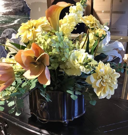 Faux Floral Arrangement in Metal Container 20" L x 20" W x 15" H