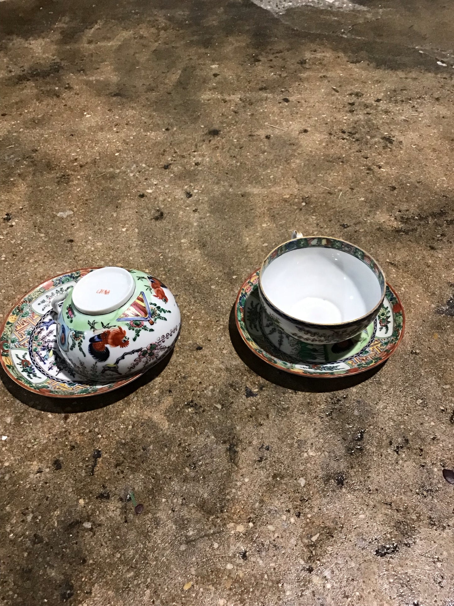 SET of 2 Chinese Famille Rose Teacups 5.5" dia saucer/2" H cup