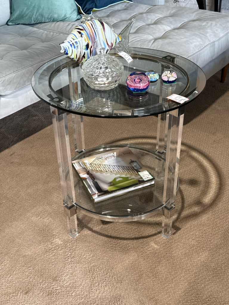 Lucite and glass round table, 24"W x 24"D x 24"H