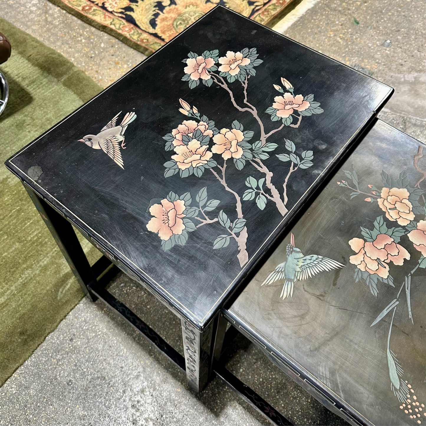 Set of 4 Black Lacquer Chinoiserie Inlaid Nesting Tables, 22" L x 16" W x 24" H