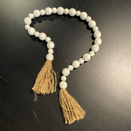 White Washed Wood Garland W/Tassel, 39"L x 1"W x 1"D