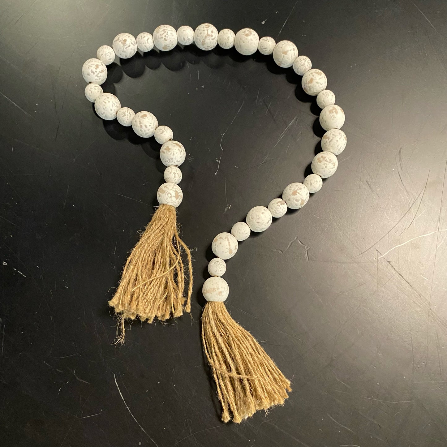 White Washed Wood Garland W/Tassel, 39"L x 1"W x 1"D