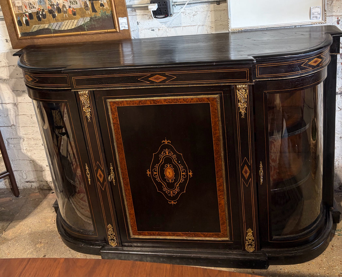 Antique Victorian Ebonized & Inlaid Credenza, 58"W x 15.25"D x 38"H