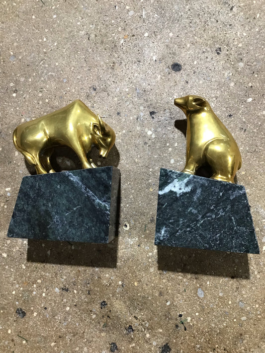 Brass Bull and Bear Bookends with Marble Base 3"Wx 5" D x 8" H