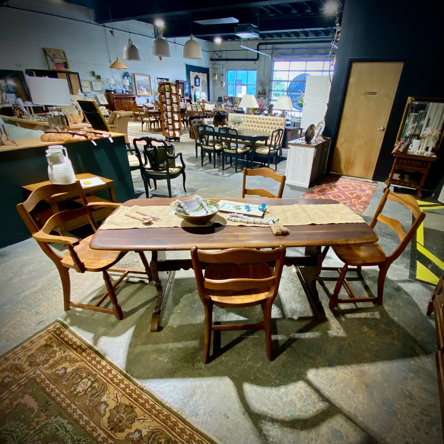 Vintage Trestle Ding Table with four Chairs 31.5"D x 71.5"L x 28.5"H