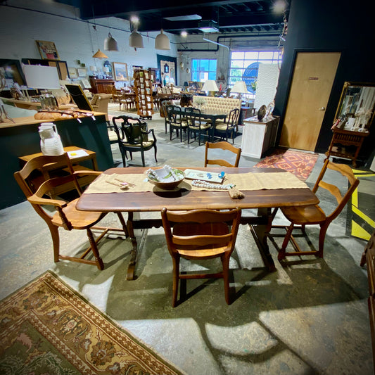 Vintage Trestle Ding Table with four Chairs 31.5"D x 71.5"L x 28.5"H