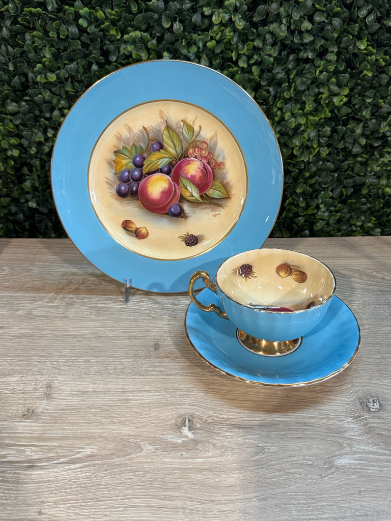 Ansley tea cup/saucer/dessert plate, aqua/gold, 8"W x 8"D x 3"H