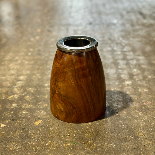 Vintage MCM Modulus Vase, Walnut & Chrome, 5.5" Dia x 6.5" H