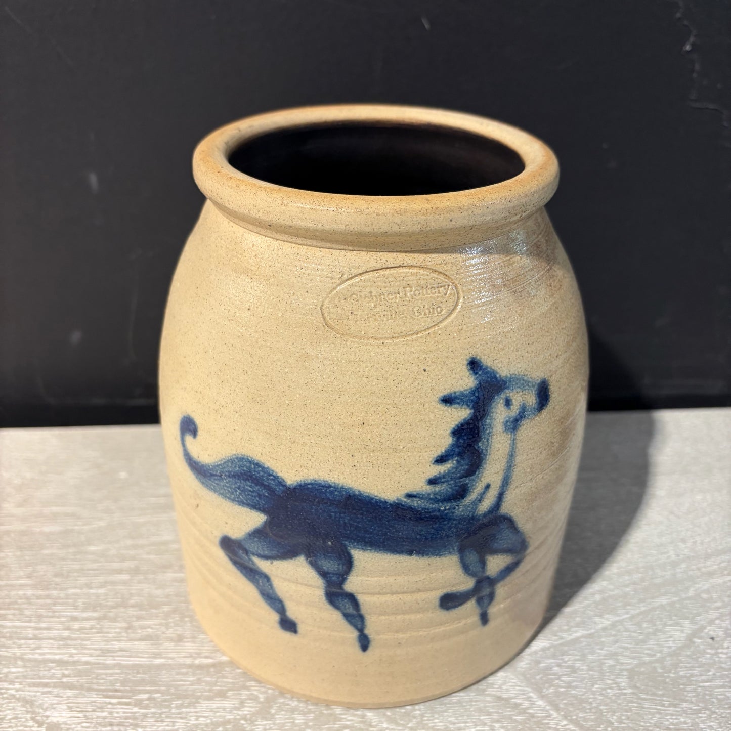 Stebner Pottery, Blue Horse Crock, 5.25"Dia x 6.75"H