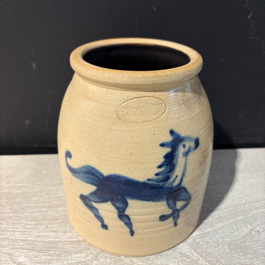 Stebner Pottery, Blue Horse Crock, 5.25"Dia x 6.75"H