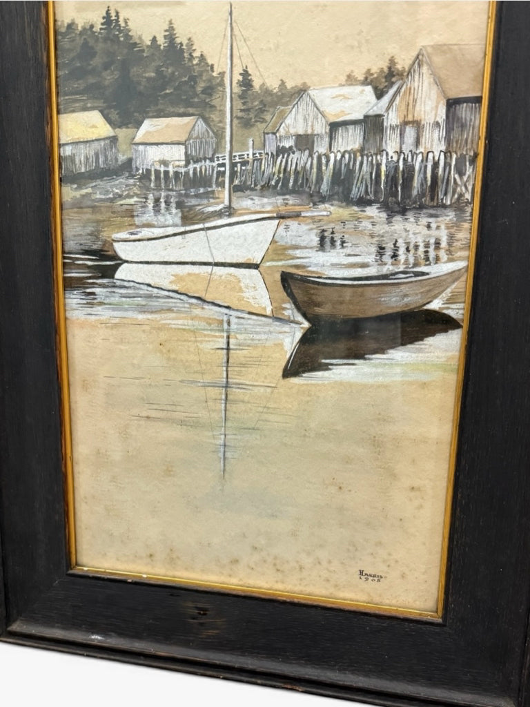 ATQ watercolor/ink, harbor scene, signed Harris, 16"W X 27"H