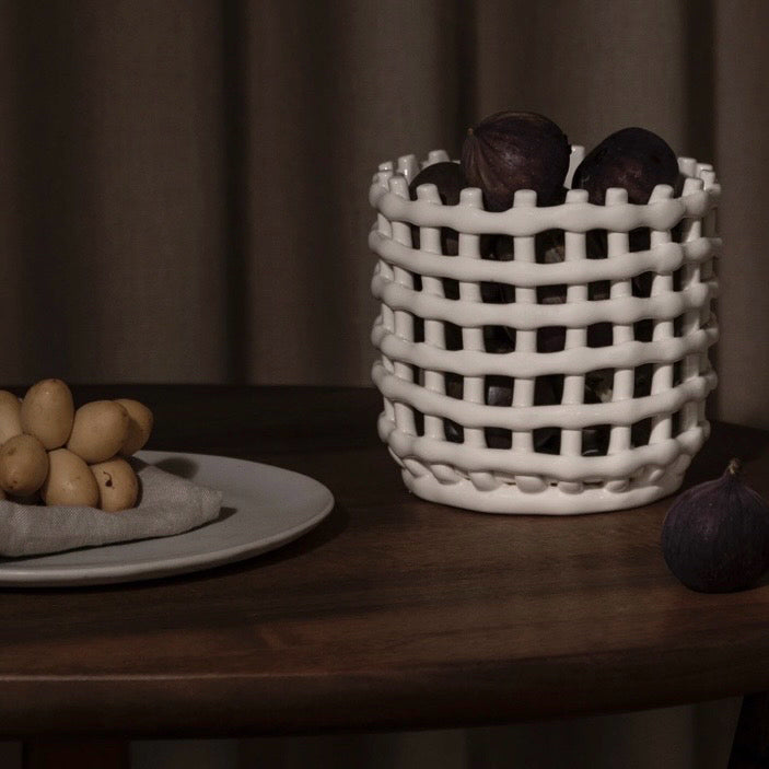 Ferm Living Ceramic Basket, Off-White,  6.3" Dia x 5.7" H
