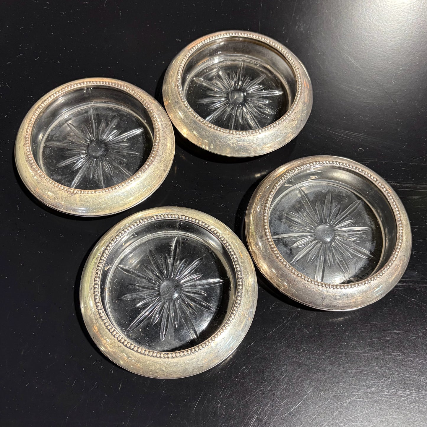 4 VTG Frank M. Whiting & Co. Sterling Starburst Coasters, 4"Dia x .75"H