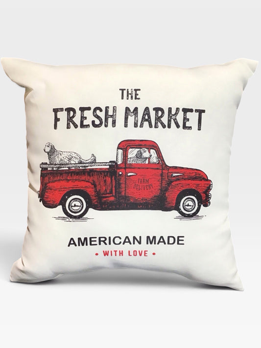 Outdoor Pillows, Rooster & Red Truck, Pair, 15"Sq x 7"D