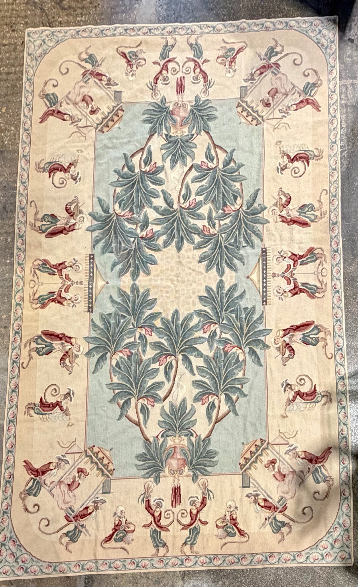 VTG Aubusson Style Singerie Monkey Motif  Needlepoint Rug, 8'8"L x 5'6"W