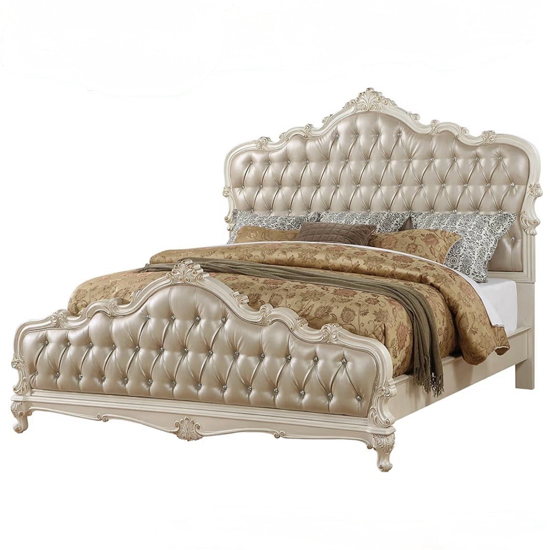 Chantelle King Bed, Rose Gold Faux Leather & Pearl White, 89"W x 84"D x 68"H