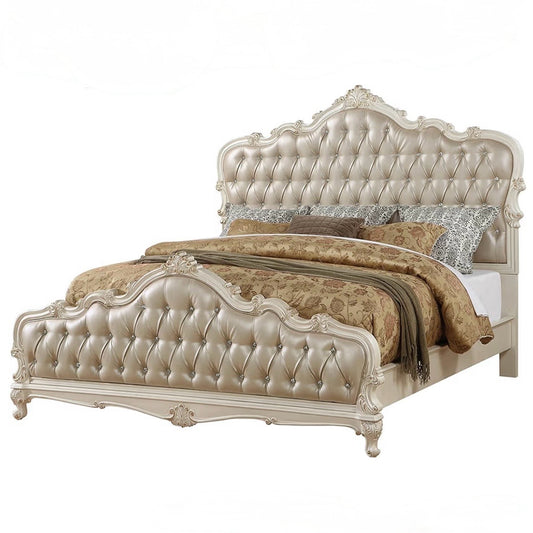 Chantelle King Bed, Rose Gold Faux Leather & Pearl White, 89"W x 84"D x 68"H