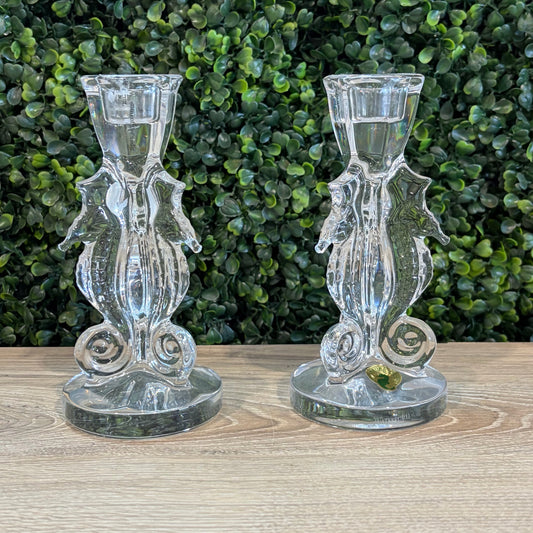 Pair Waterford Crystal Seahorse Trio Candleholders, 6"H x 3"Dia