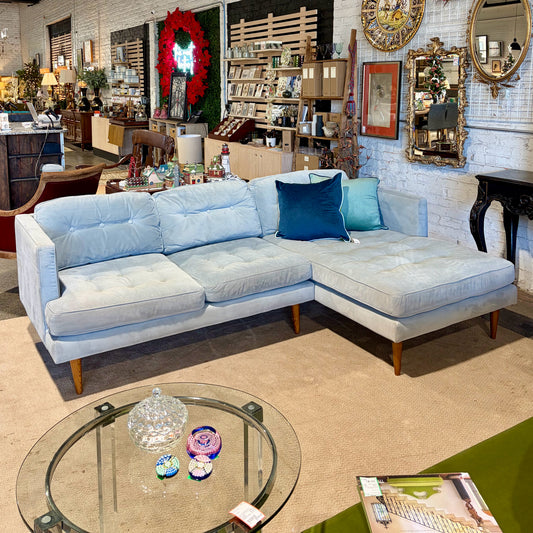 West Elm Sectional Sofa W/Chaise Light Blue, 91"W x 61"D x 27.5"H