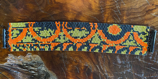 Peyote stitch bracelet, "Trio", black/rust/olive, 1.4"W x 7"L