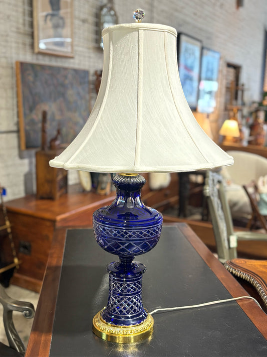 Large Cobalt Blue Lamp, cut to clear crystal, 18" W x 18" D x 31" H