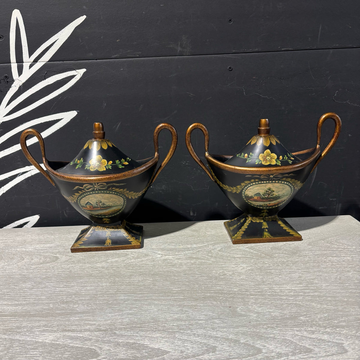 PAIR VTG Toleware Lidded Urns