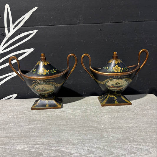 PAIR VTG Toleware Lidded Urns