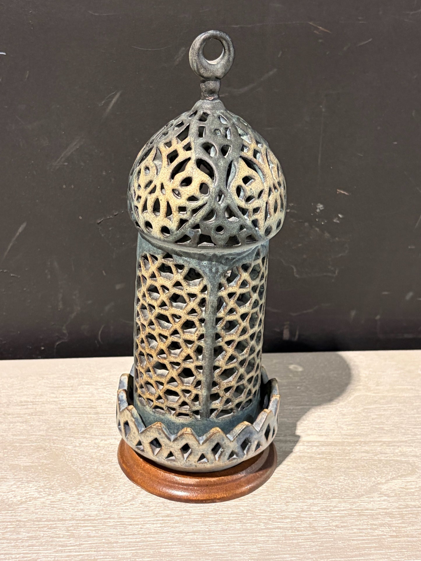 Mid Cent Piereced Ceramic Candle Holder 5" Diam x 11" H