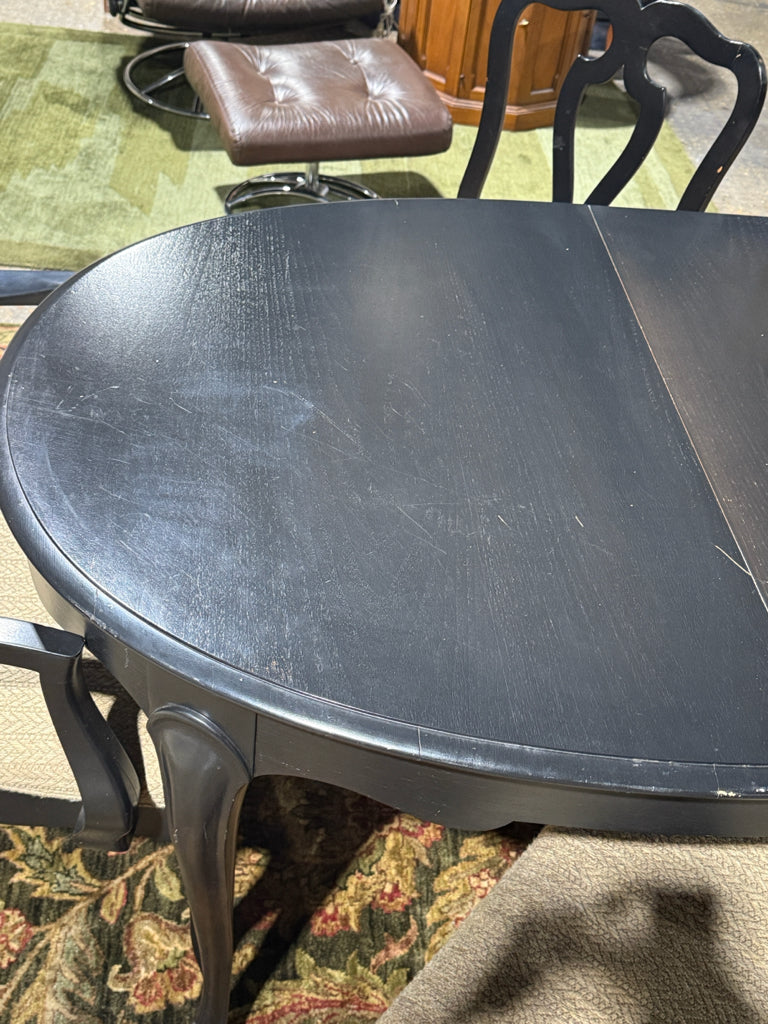 Black Oval Dining Table w/ Leaf, 72" L x 36" W x 29" H + 6 Black & Tan Chairs
