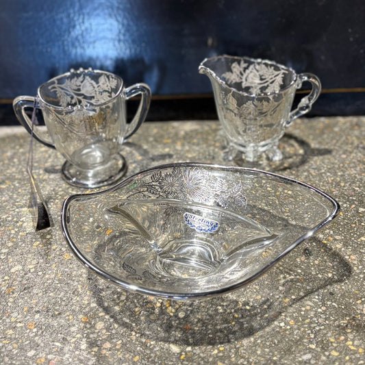 VTG crystal/sterling accent trio, sugar/creamer/candy dish