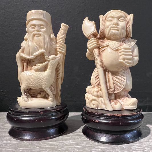 Pair of Chinese Figurines on Wood Base, 4" H x 2" Dia