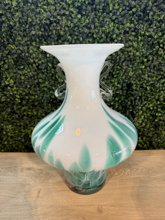 Blown glass vase, teal/white, 15"H x 10.5"W  x10.5"D