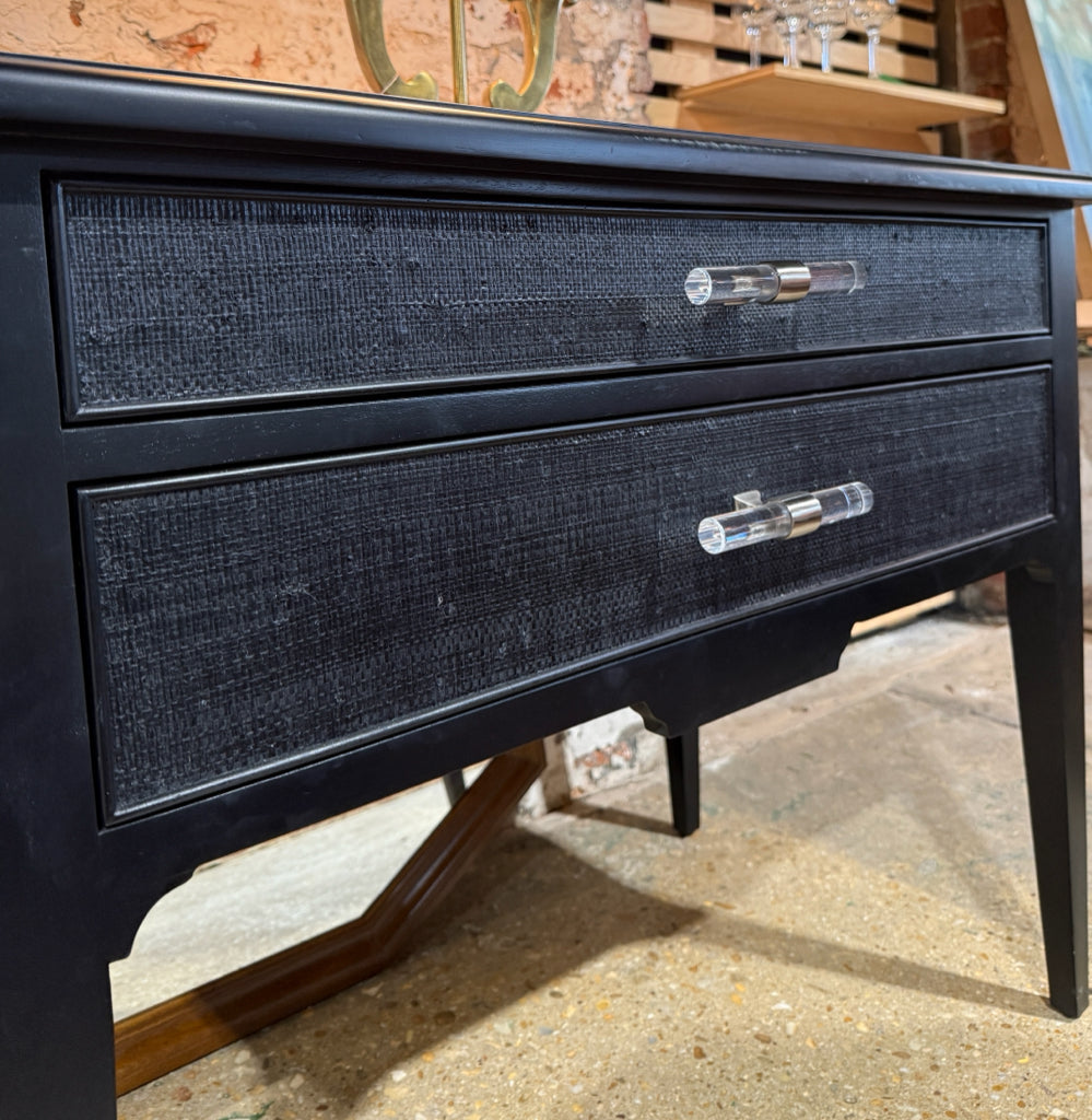 Chelsea House Georgian Lowboy, grasscloth/lucite pulls, 34.5"W x 20"D x 28.5"H